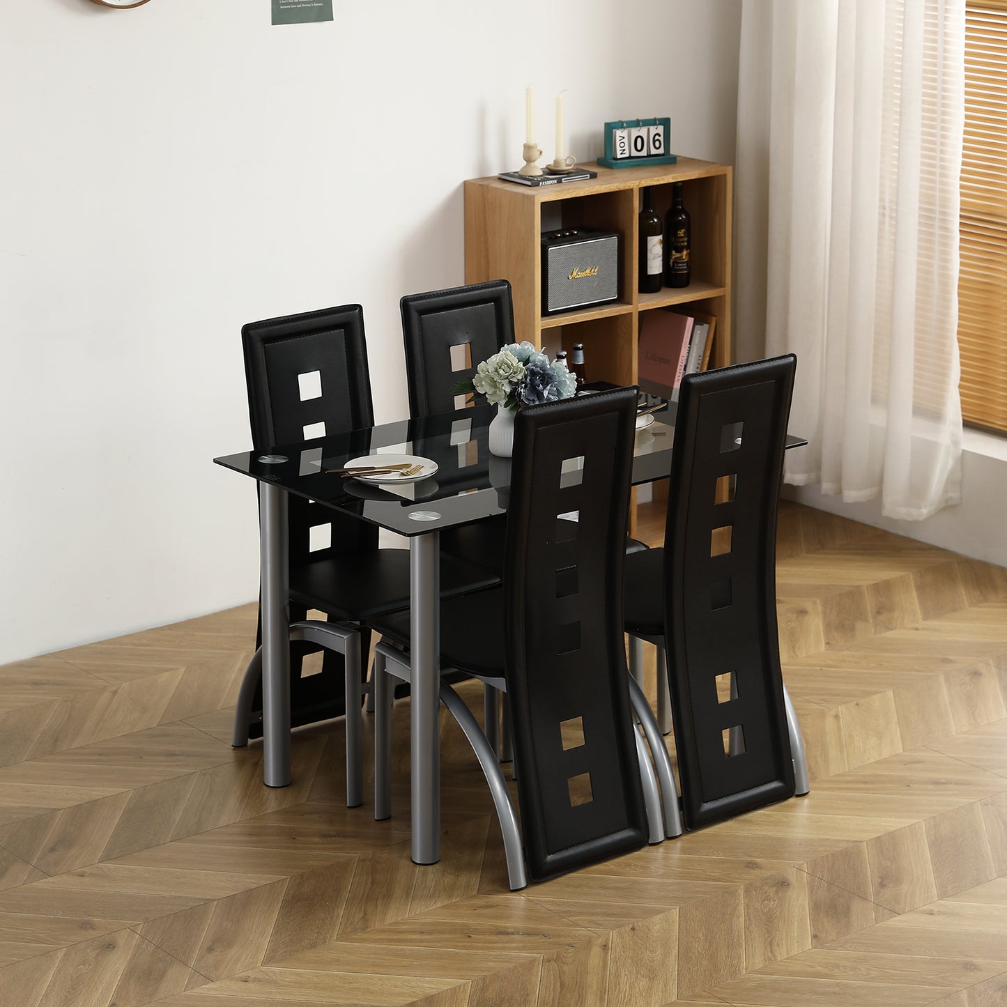 5 Pieces Dining Table Set for 4, Kitchen Room Tempered Glass Dining Table, 4 Chairs, Black，Table legs are silvery (Replacement code 82947862)