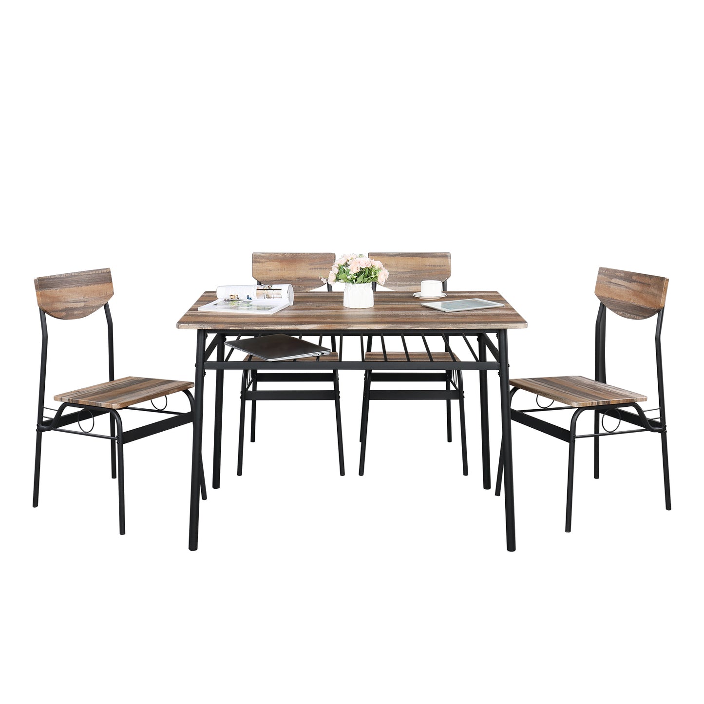 Rectangular Disassembly and Assembly P2 Board Iron Compartment 1 Table 4 Chairs Dining Table and Chair Set Natural Color